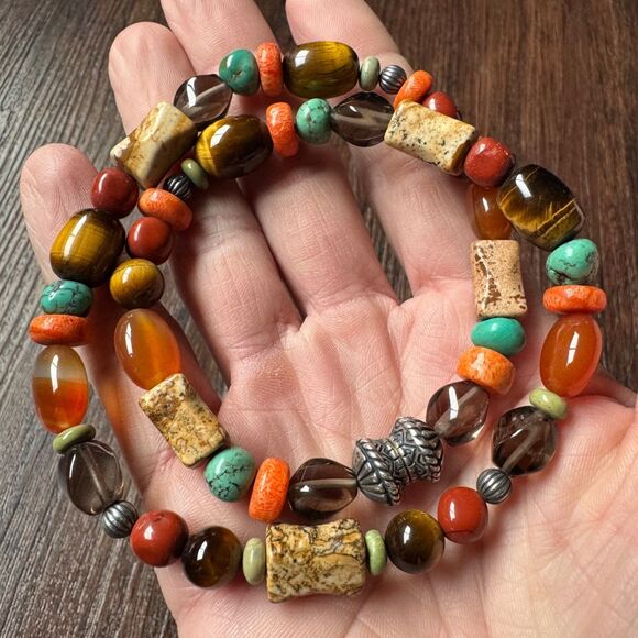 Vintage CAROLYN POLLACK Beaded Gemstone Necklace Sterling Silver 925 Southwest - Picture 5 of 17